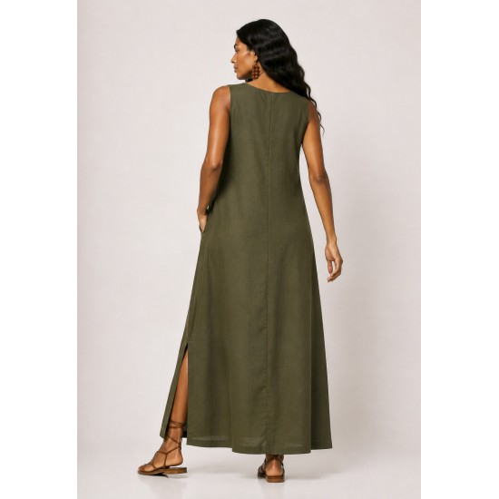 Vestido Longo Linho com Viscose com Bolso Verde