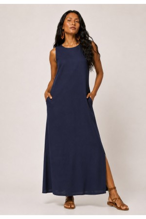 Vestido Longo Linho com Viscose com Bolso Azul Marinho