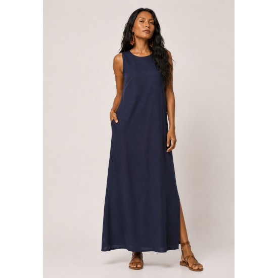 Vestido Longo Linho com Viscose com Bolso Azul Marinho