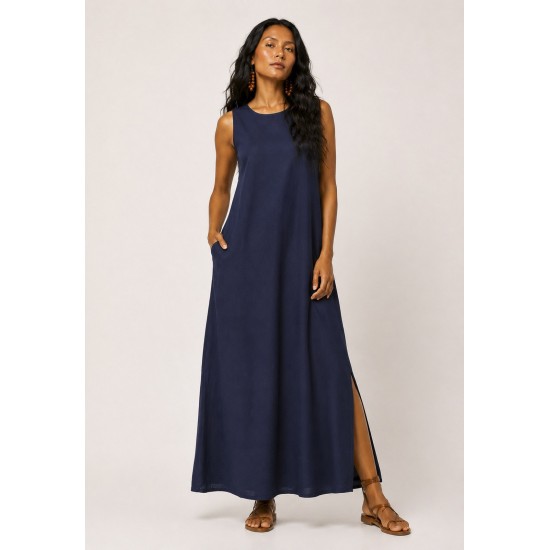 Vestido Longo Linho com Viscose com Bolso Azul Marinho