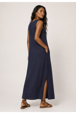Vestido Longo Linho com Viscose com Bolso Azul Marinho