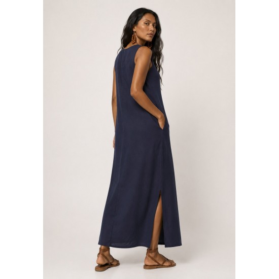 Vestido Longo Linho com Viscose com Bolso Azul Marinho