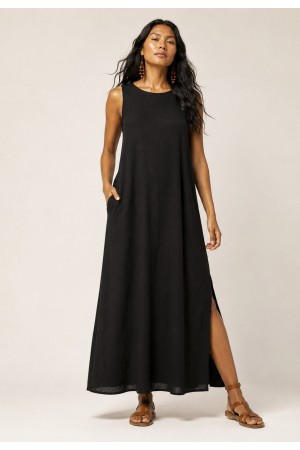 Vestido Longo Linho com Viscose com Bolso Preto