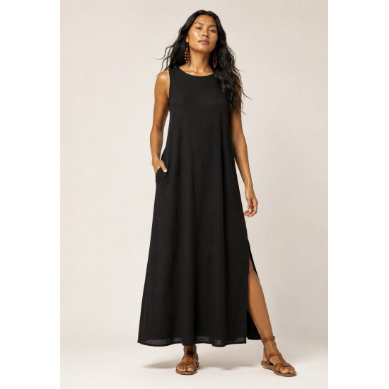 Vestido Longo Linho com Viscose com Bolso Preto