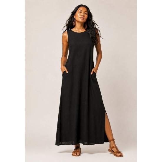 Vestido Longo Linho com Viscose com Bolso Preto
