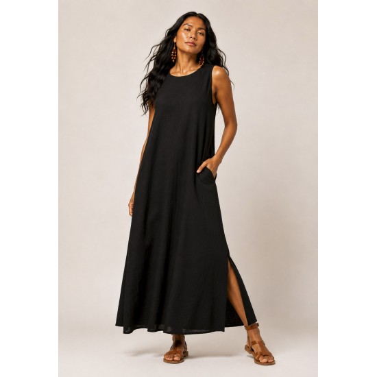 Vestido Longo Linho com Viscose com Bolso Preto