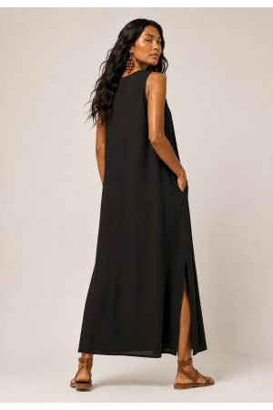 Vestido Longo Linho com Viscose com Bolso Preto