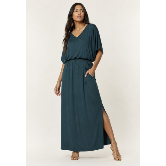 Vestido Longo Morcego Malha Verde Petroleo