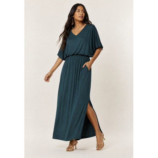 Vestido Longo Morcego Malha Verde Petroleo