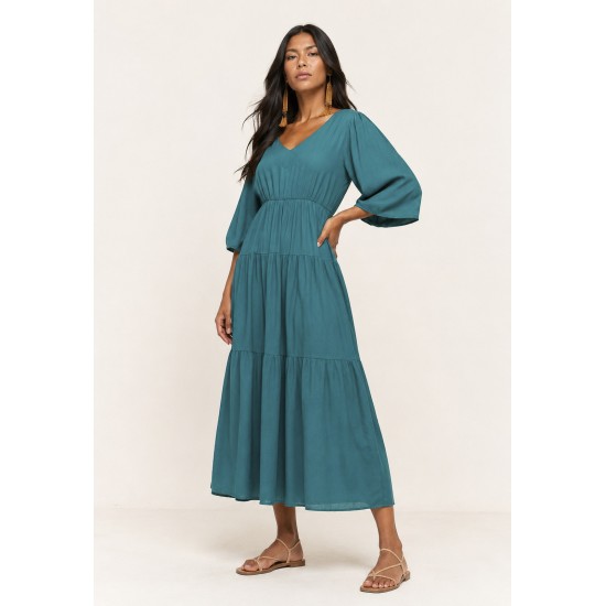 Vestido Longo Plano com Manga e Camadas Verde