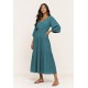 Vestido Longo Plano com Manga e Camadas Verde