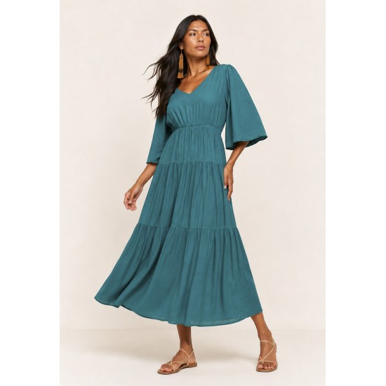 Vestido Longo Plano com Manga e Camadas Verde