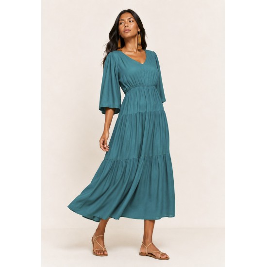 Vestido Longo Plano com Manga e Camadas Verde