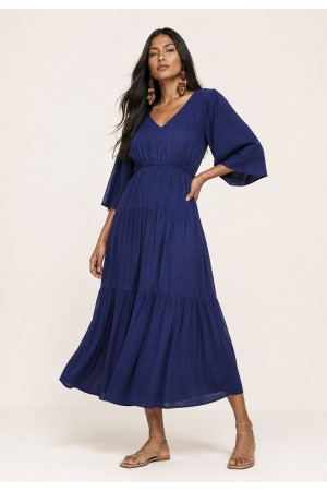 Vestido Longo Plano com Manga e Camadas Azul Marinho