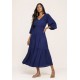 Vestido Longo Plano com Manga e Camadas Azul Marinho