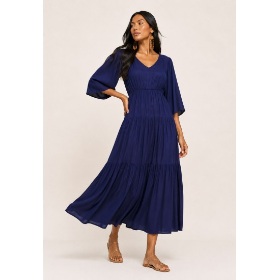 Vestido Longo Plano com Manga e Camadas Azul Marinho