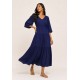 Vestido Longo Plano com Manga e Camadas Azul Marinho