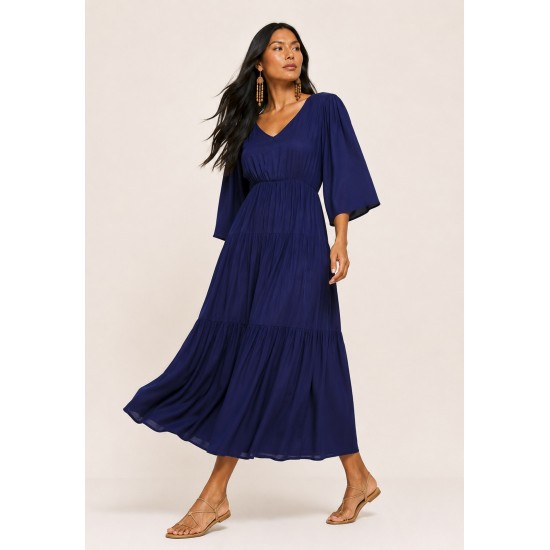 Vestido Longo Plano com Manga e Camadas Azul Marinho