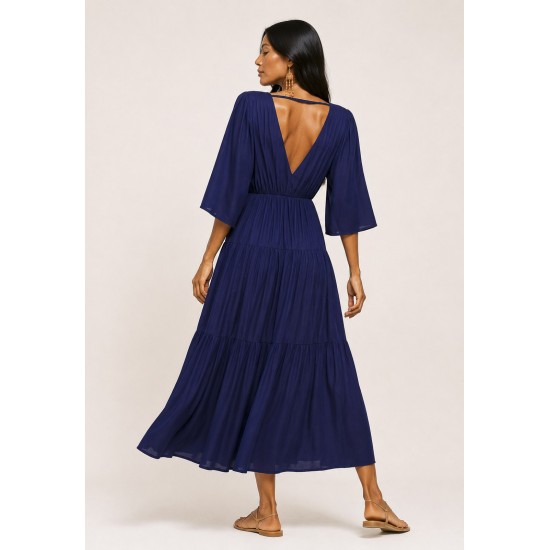 Vestido Longo Plano com Manga e Camadas Azul Marinho