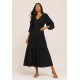 Vestido Longo Plano com Manga e Camadas Preto