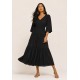 Vestido Longo Plano com Manga e Camadas Preto