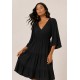 Vestido Longo Plano com Manga e Camadas Preto
