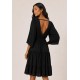 Vestido Longo Plano com Manga e Camadas Preto