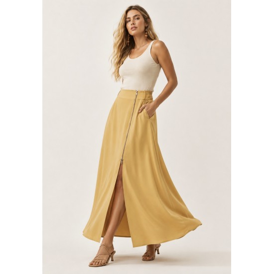 Saia Midi com Zíper Amarelo Dijon