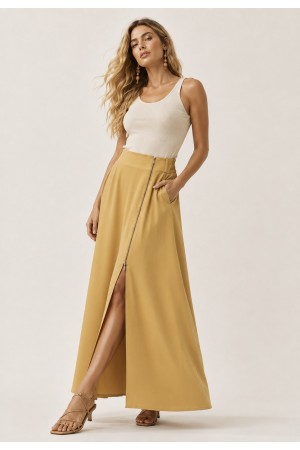 Saia Midi com Zíper Amarelo Dijon