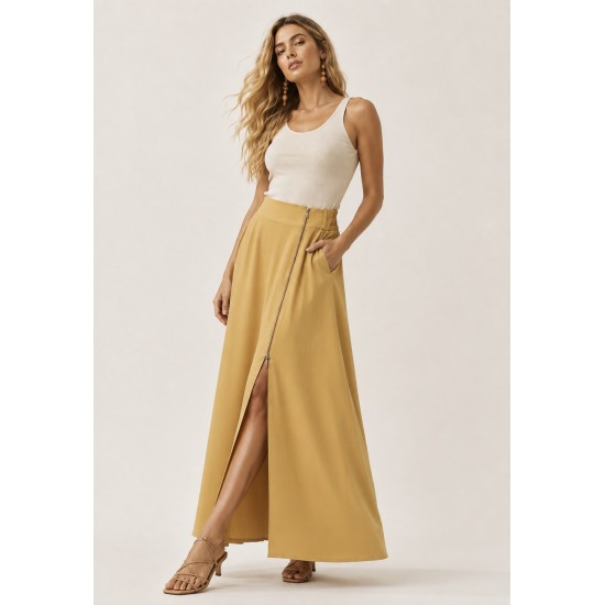 Saia Midi com Zíper Amarelo Dijon