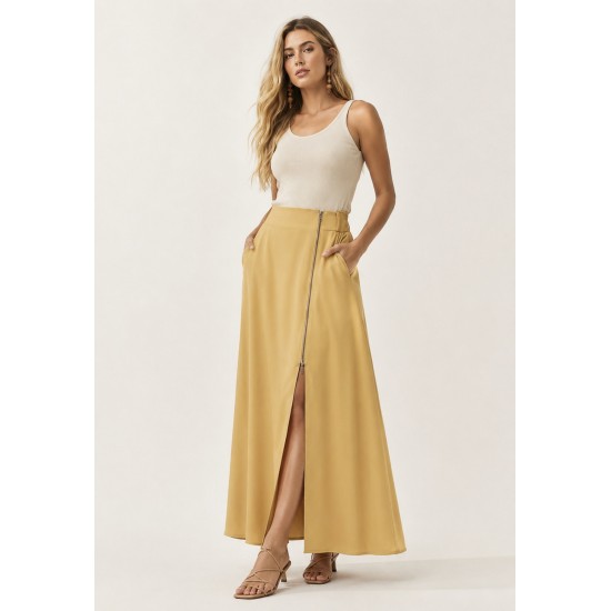 Saia Midi com Zíper Amarelo Dijon