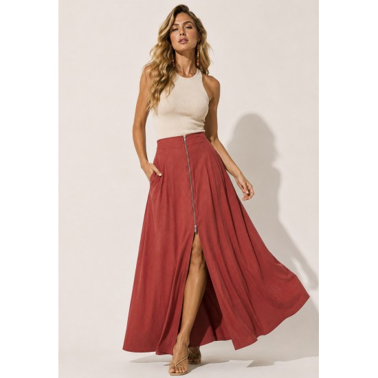 Saia Midi com Zíper Terracota