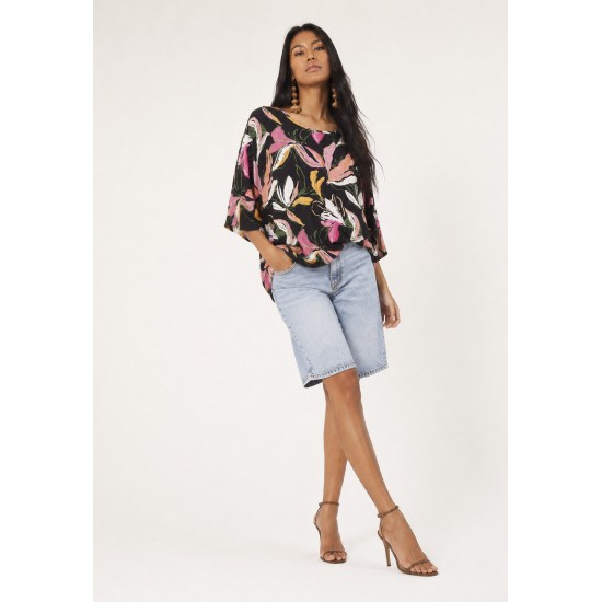 Blusa Morcego Ampla Tangará Estampa Pétalas Noturna