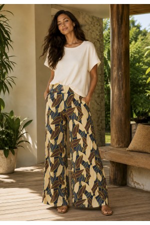 Calça Pantalona Granja Malha Estampa Folhas de Outono