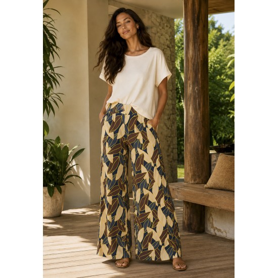 Calça Pantalona Granja Malha Estampa Folhas de Outono
