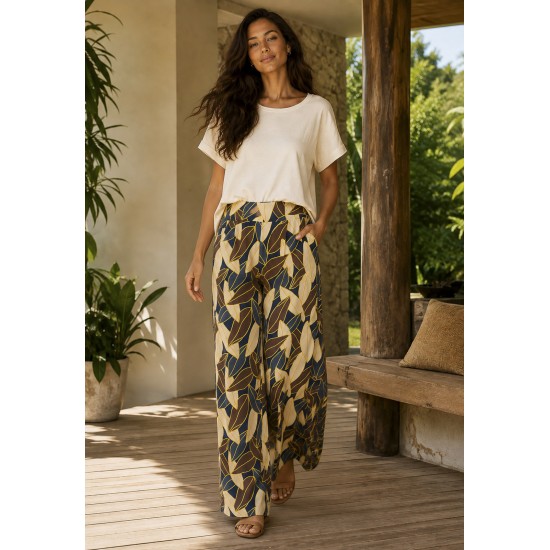 Calça Pantalona Granja Malha Estampa Folhas de Outono