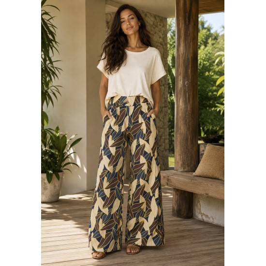 Calça Pantalona Granja Malha Estampa Folhas de Outono