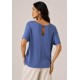 Blusa Básica Morcego Malha Gola Canoa Manga Curta com Babado Azul 