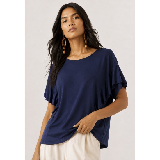 Blusa Básica Morcego Malha Gola Canoa Manga Curta com Babado Azul Marinho