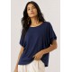 Blusa Básica Morcego Malha Gola Canoa Manga Curta com Babado Azul Marinho