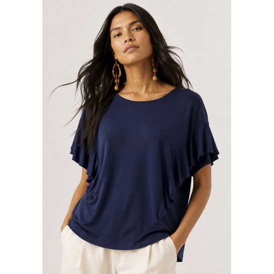 Blusa Básica Morcego Malha Gola Canoa Manga Curta com Babado Azul Marinho
