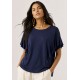 Blusa Básica Morcego Malha Gola Canoa Manga Curta com Babado Azul Marinho