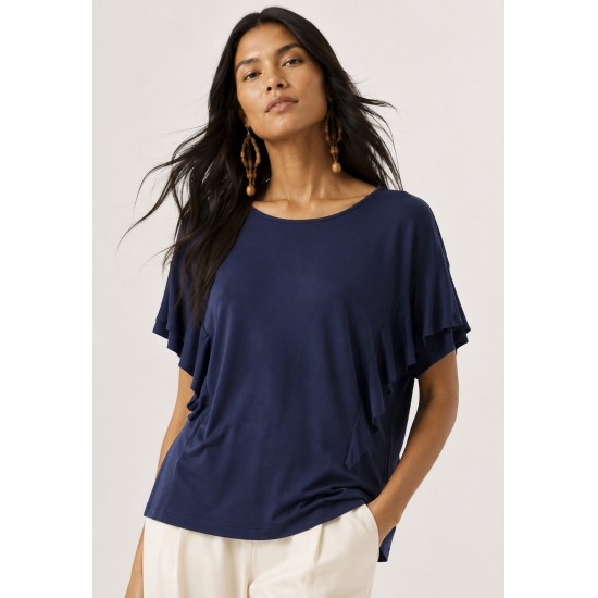 Blusa Básica Morcego Malha Gola Canoa Manga Curta com Babado Azul Marinho