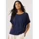 Blusa Básica Morcego Malha Gola Canoa Manga Curta com Babado Azul Marinho