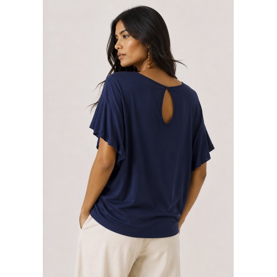 Blusa Básica Morcego Malha Gola Canoa Manga Curta com Babado Azul Marinho