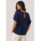 Blusa Básica Morcego Malha Gola Canoa Manga Curta com Babado Azul Marinho