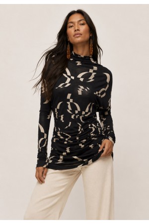 Blusa Malha Gola Alta Manga Longa Estampa Maria