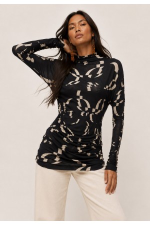 Blusa Malha Gola Alta Manga Longa Estampa Maria