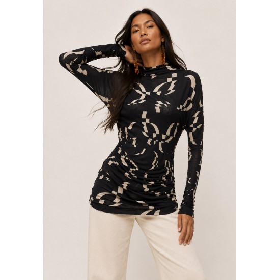 Blusa Malha Gola Alta Manga Longa Estampa Maria