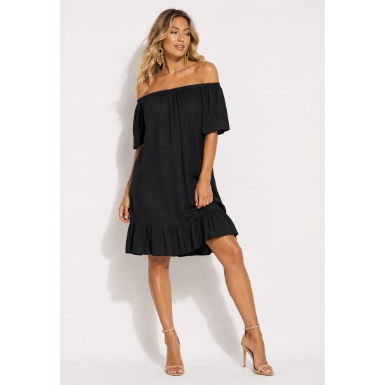 Vestido Curto Mullet Ombro a Ombro Amplo Preto